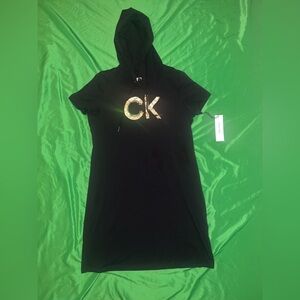 NWT Calvin Klein Black Hoodie Dress with Gold Logo size Large- Flaw